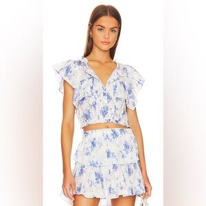 NWT LoveShackFancy Ruffle Mini Skirt Blue Floral Strong Current